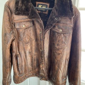 Retro vintage inspired men’s brown leather jacket medium worn, faux fur